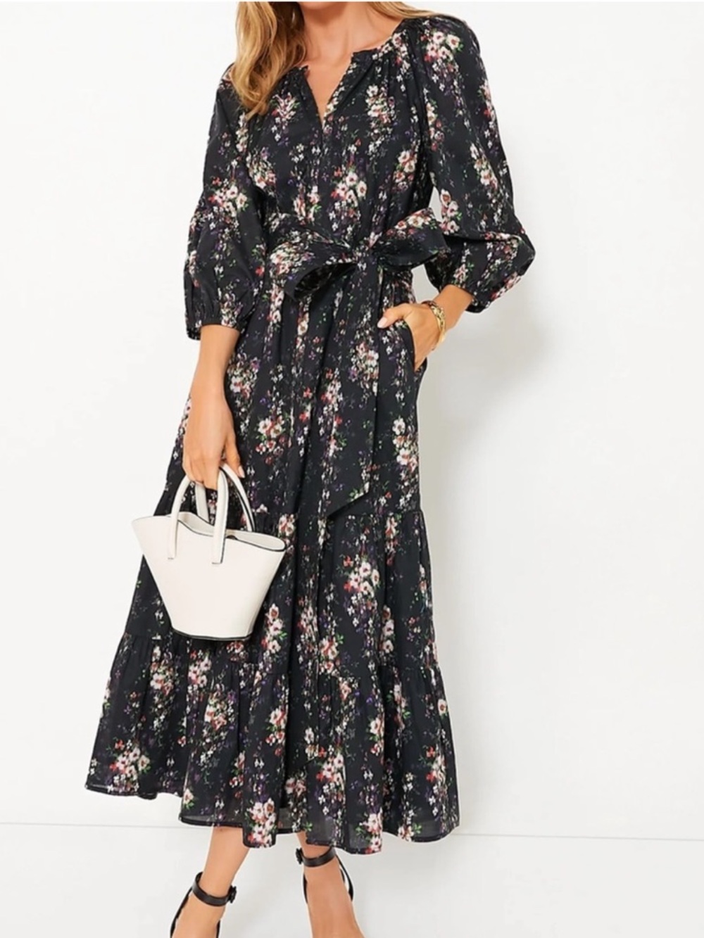 Tuckernuck Lyles Black Floral Long Sleeve Dress Size L